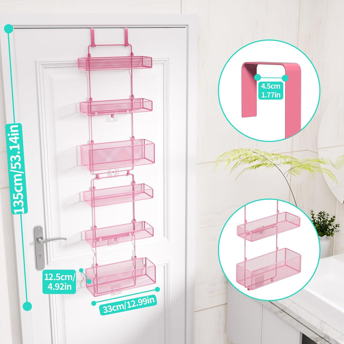 Over Door Organizer Storage - Separable Door Organizer Hanging with 6 Metal Large Capacity Baskets for Bathroom Bedroom Kitchen Pantry Closet (Pink)