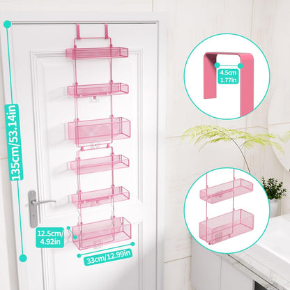 Over Door Organizer Storage - Separable Door Organizer Hanging with 6 Metal Large Capacity Baskets for Bathroom Bedroom Kitchen Pantry Closet (Pink)