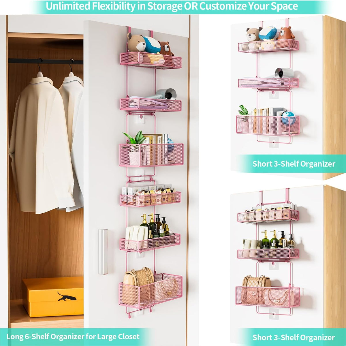 Over Door Organizer Storage - Separable Door Organizer Hanging with 6 Metal Large Capacity Baskets for Bathroom Bedroom Kitchen Pantry Closet (Pink)