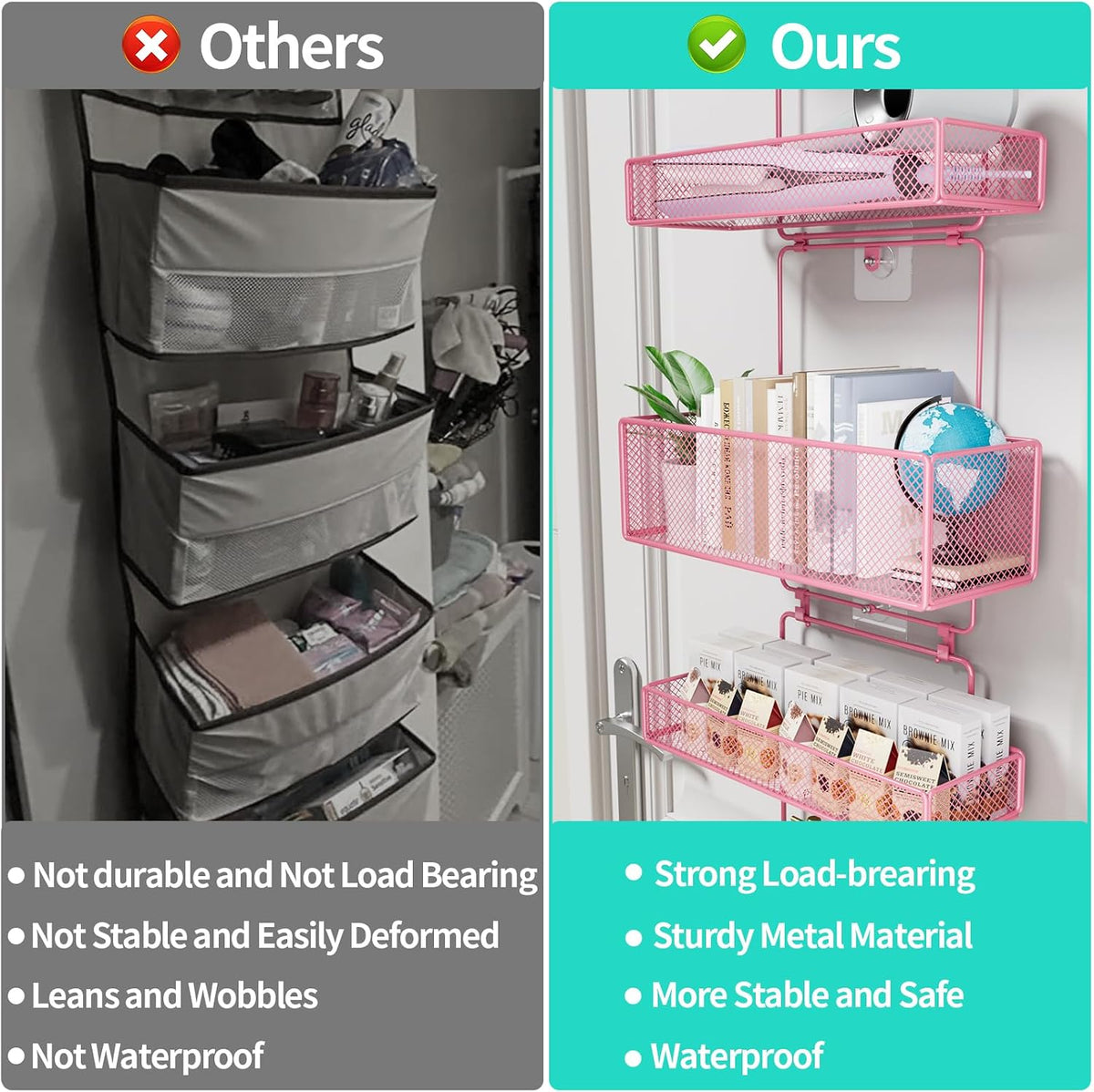 Over Door Organizer Storage - Separable Door Organizer Hanging with 6 Metal Large Capacity Baskets for Bathroom Bedroom Kitchen Pantry Closet (Pink)