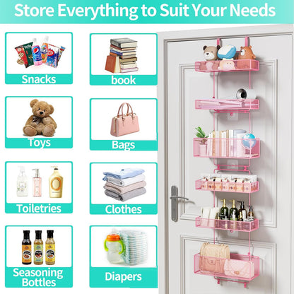 Over Door Organizer Storage - Separable Door Organizer Hanging with 6 Metal Large Capacity Baskets for Bathroom Bedroom Kitchen Pantry Closet (Pink)
