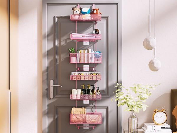 Over Door Organizer Storage - Separable Door Organizer Hanging with 6 Metal Large Capacity Baskets for Bathroom Bedroom Kitchen Pantry Closet (Pink)