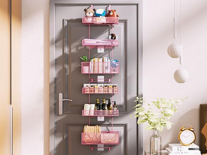 Over Door Organizer Storage - Separable Door Organizer Hanging with 6 Metal Large Capacity Baskets for Bathroom Bedroom Kitchen Pantry Closet (Pink)