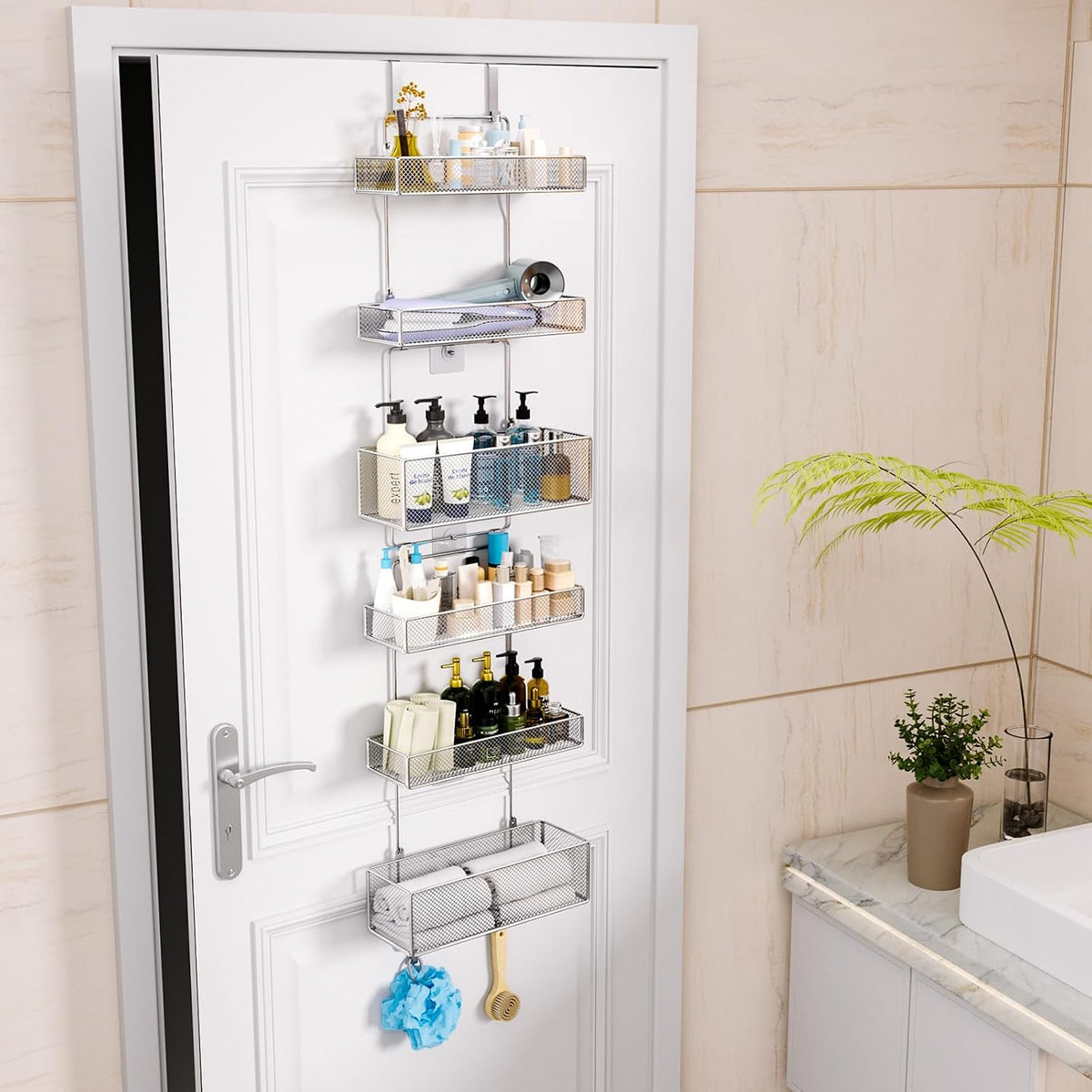 Over Door Organizer Storage - Separable Door Organizer Hanging with 6 Metal Large Capacity Baskets for Bathroom Bedroom Kitchen Pantry Closet (Pink)