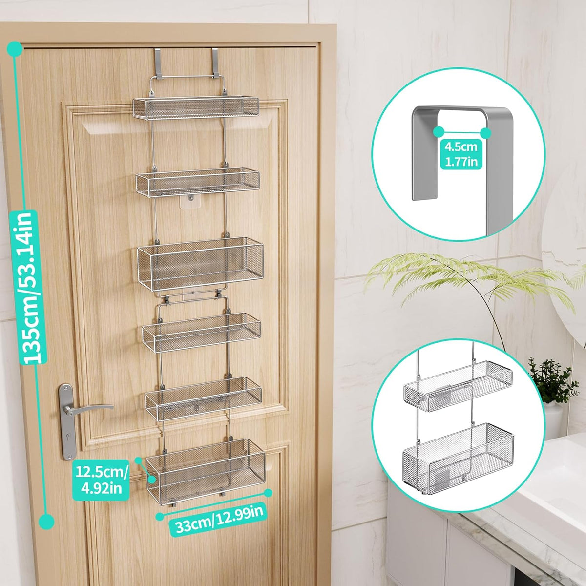 Over Door Organizer Storage - Separable Door Organizer Hanging with 6 Metal Large Capacity Baskets for Bathroom Bedroom Kitchen Pantry Closet (Pink)