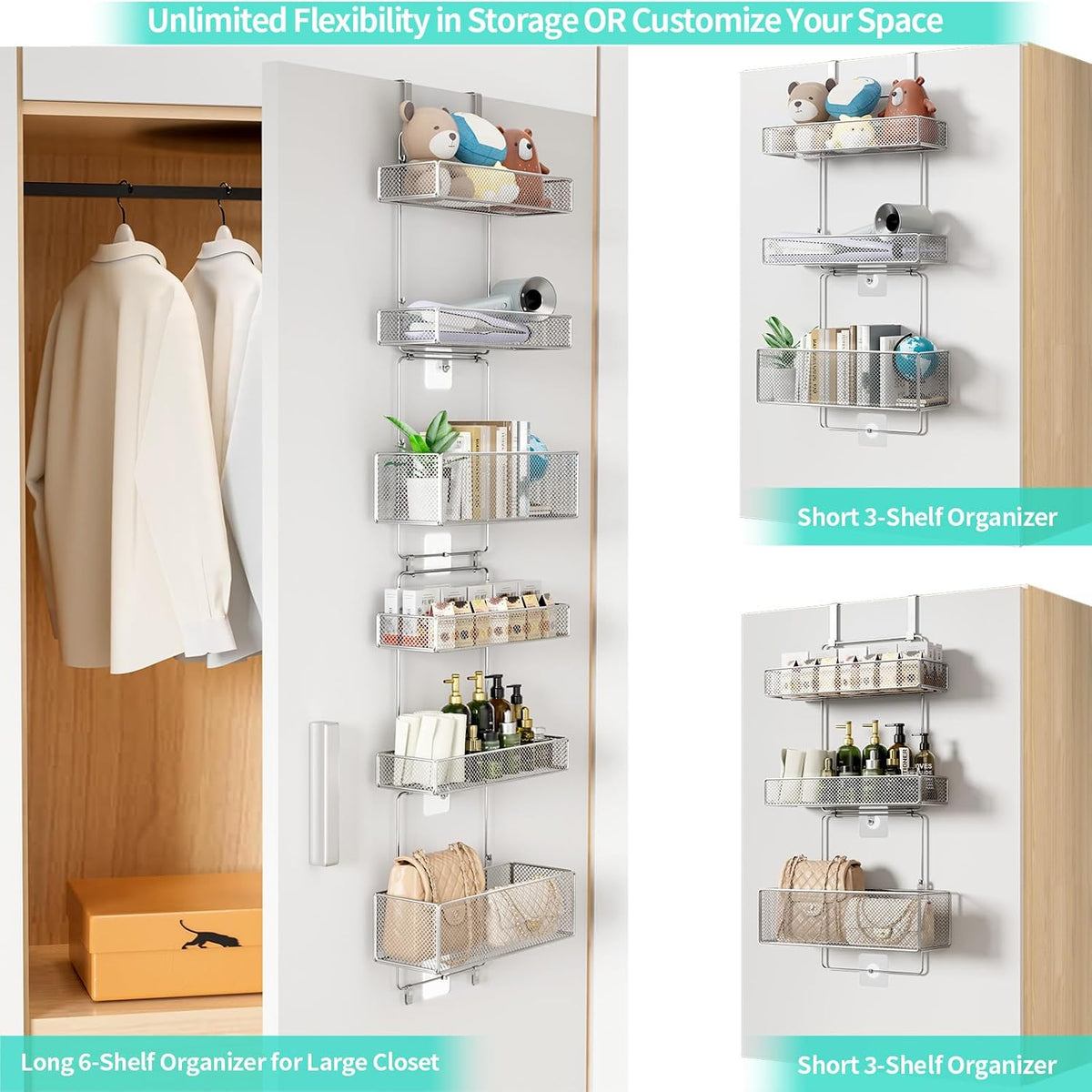 Over Door Organizer Storage - Separable Door Organizer Hanging with 6 Metal Large Capacity Baskets for Bathroom Bedroom Kitchen Pantry Closet (Pink)