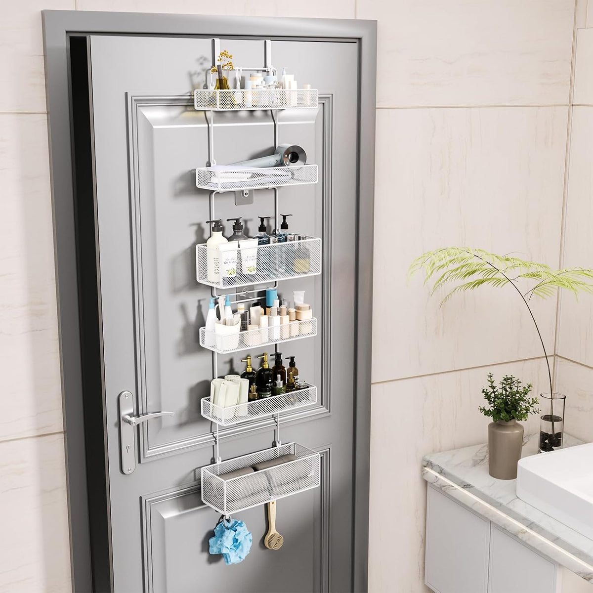 Over Door Organizer Storage - Separable Door Organizer Hanging with 6 Metal Large Capacity Baskets for Bathroom Bedroom Kitchen Pantry Closet (Pink)