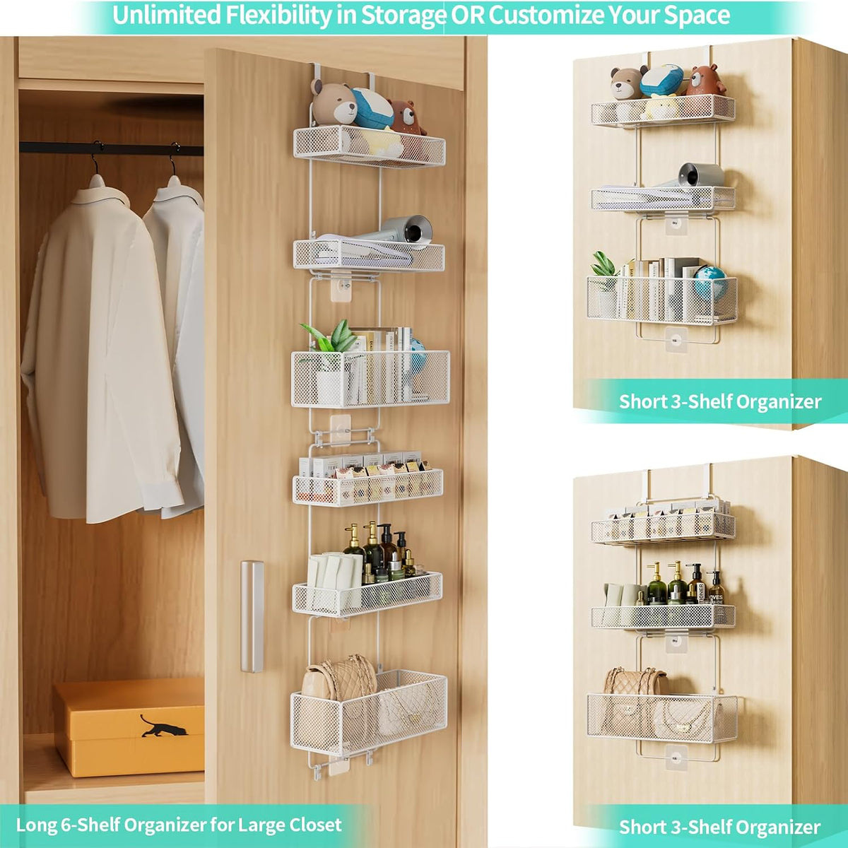 Over Door Organizer Storage - Separable Door Organizer Hanging with 6 Metal Large Capacity Baskets for Bathroom Bedroom Kitchen Pantry Closet (Pink)