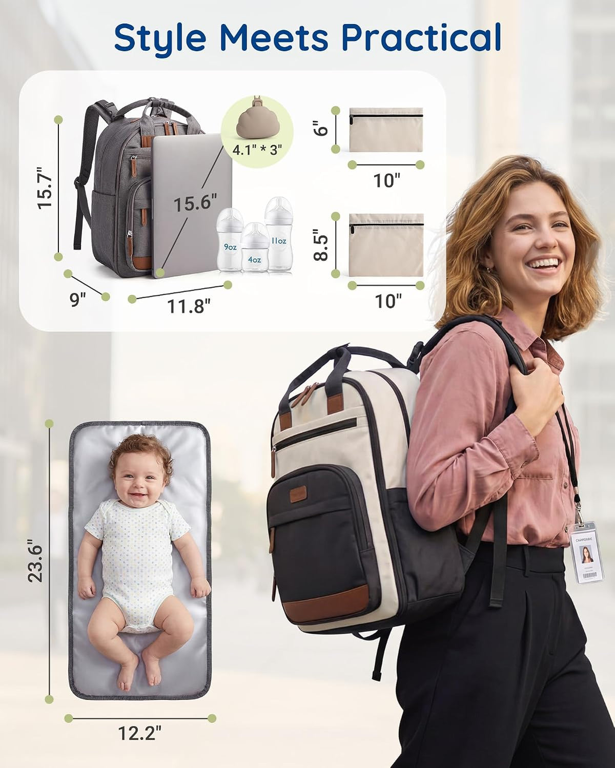 Baby Diaper Bag with Waterproof Changing Pad, Black