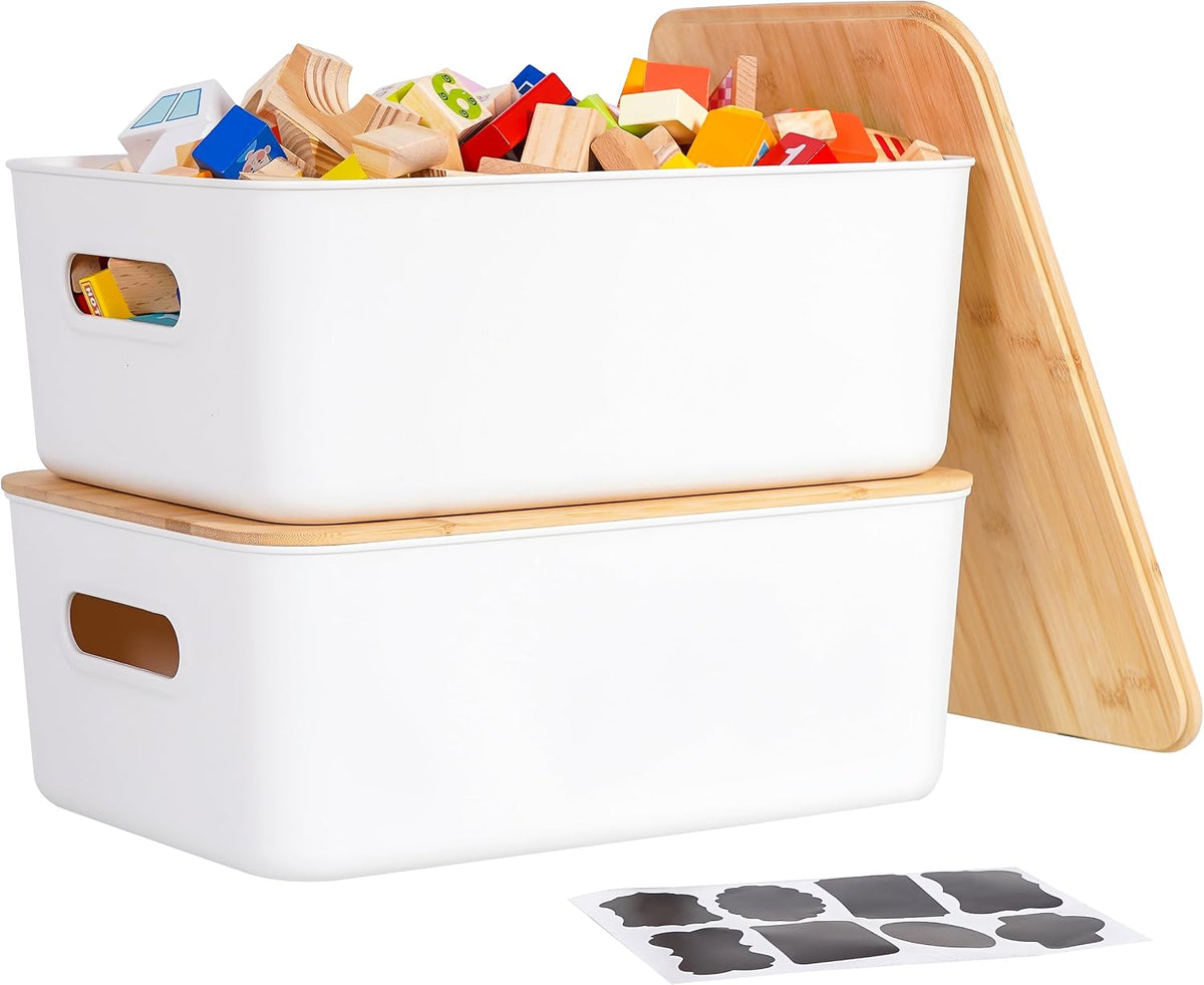 Citylife 7 QT Storage Bins with Bamboo Lids, Stackable with Handles, 2-Pack