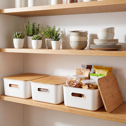 Citylife 7 QT Storage Bins with Bamboo Lids, Stackable with Handles, 2-Pack