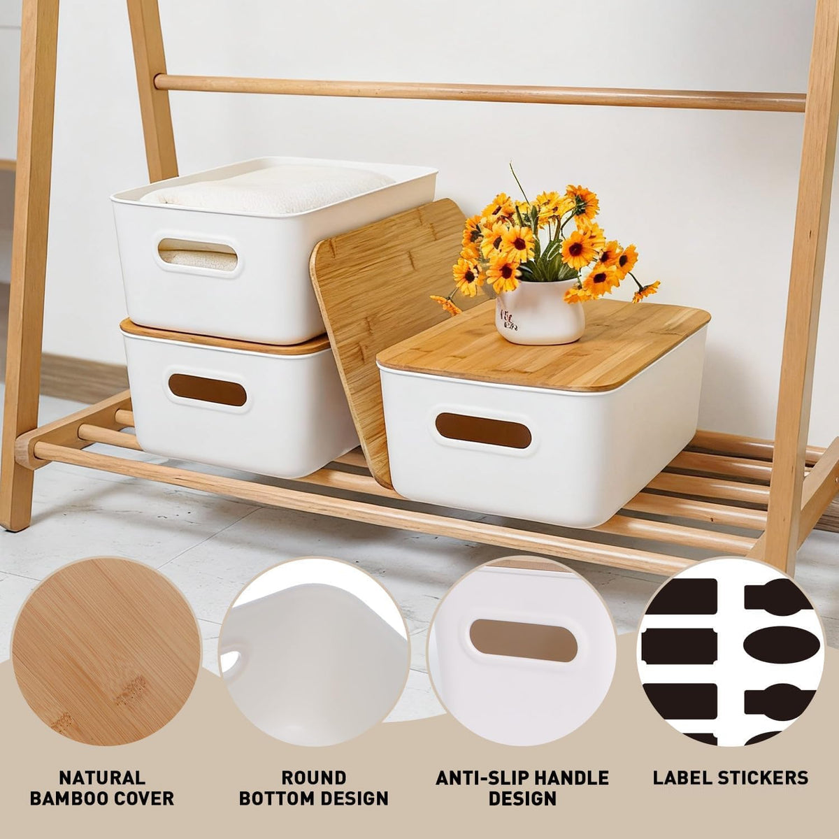 Citylife 7 QT Storage Bins with Bamboo Lids, Stackable with Handles, 2-Pack