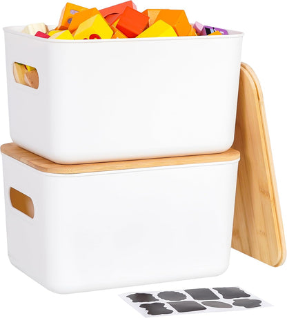 Citylife 7 QT Storage Bins with Bamboo Lids, Stackable with Handles, 2-Pack