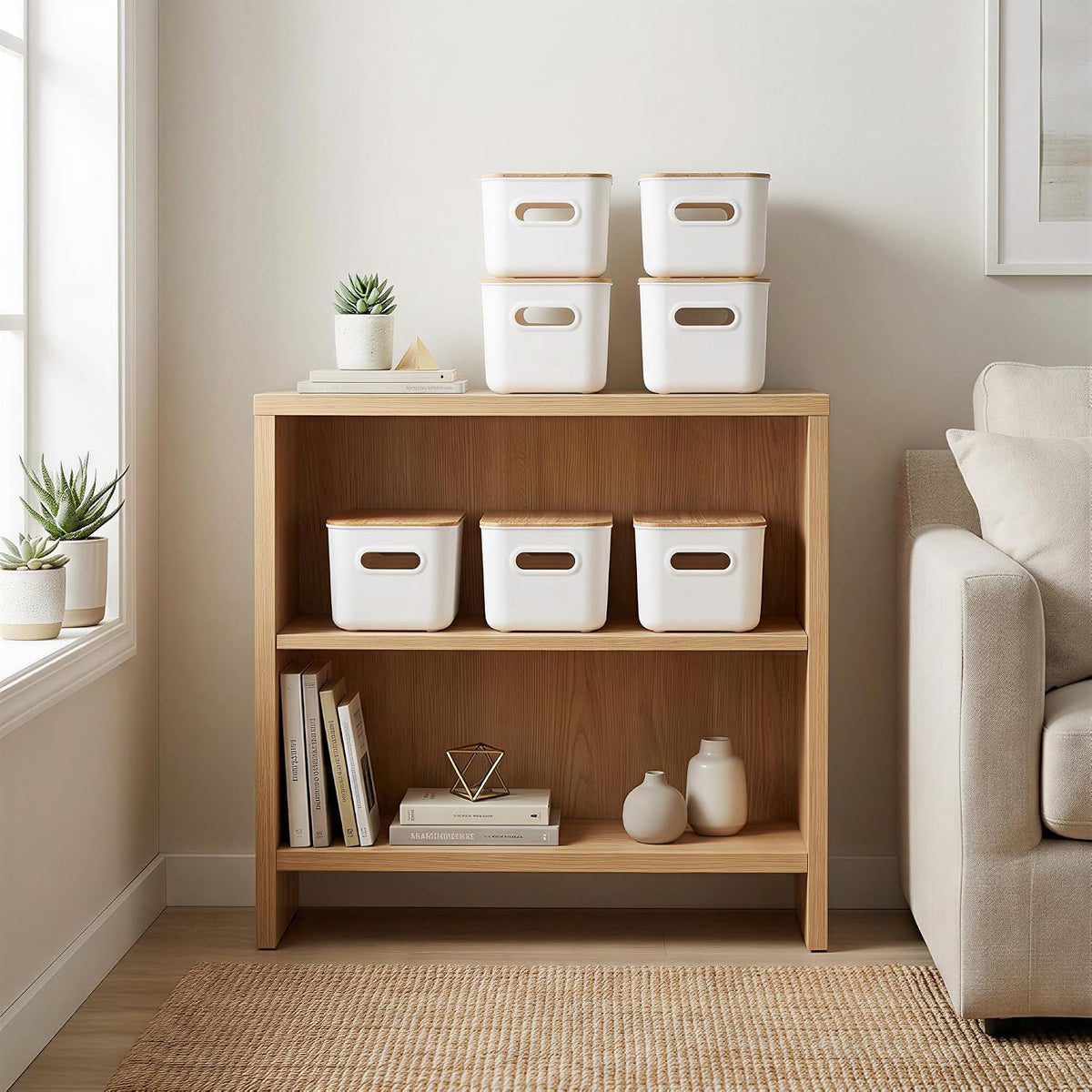 Citylife 7 QT Storage Bins with Bamboo Lids, Stackable with Handles, 2-Pack