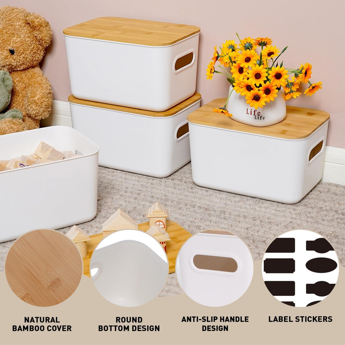 Citylife 7 QT Storage Bins with Bamboo Lids, Stackable with Handles, 2-Pack