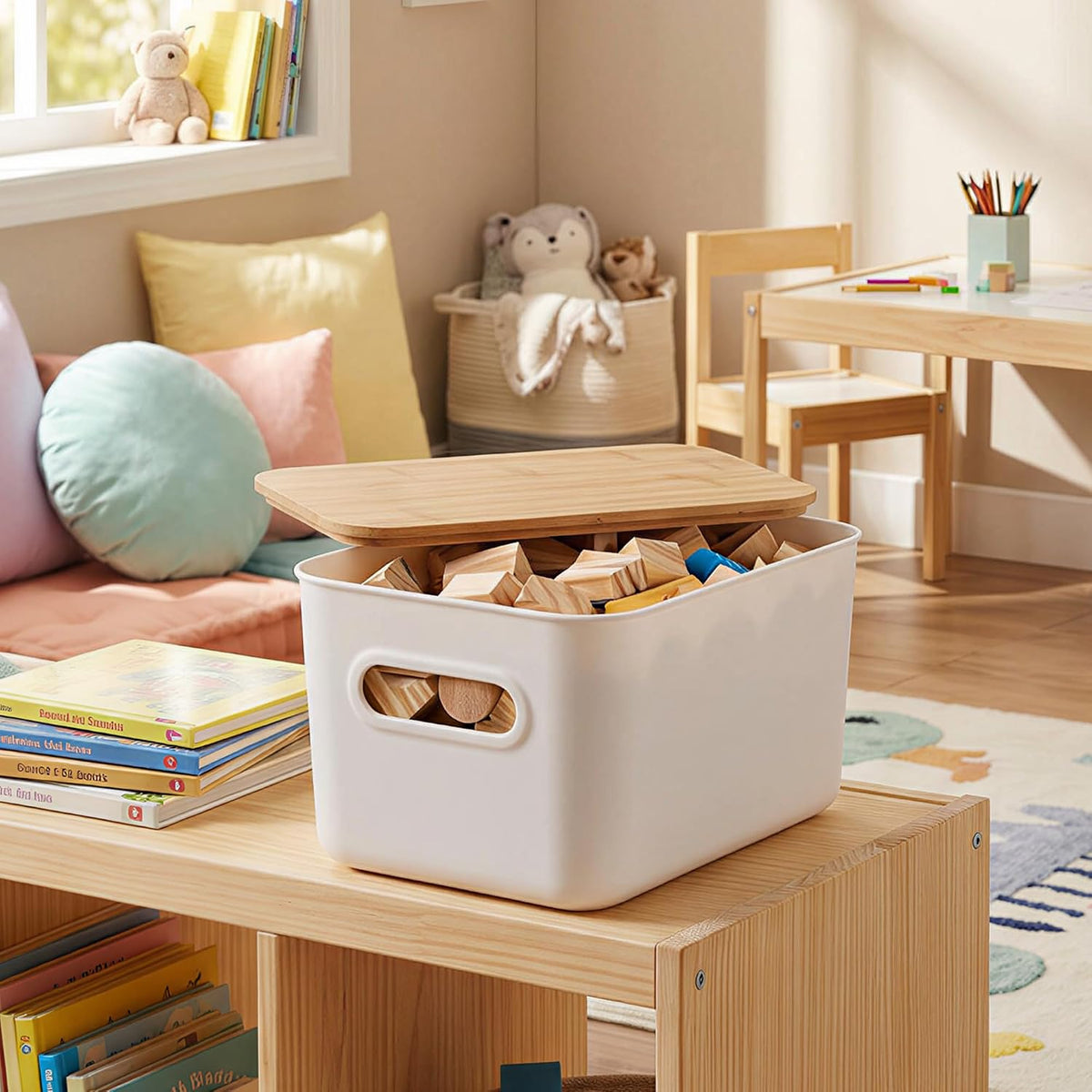 Citylife 7 QT Storage Bins with Bamboo Lids, Stackable with Handles, 2-Pack