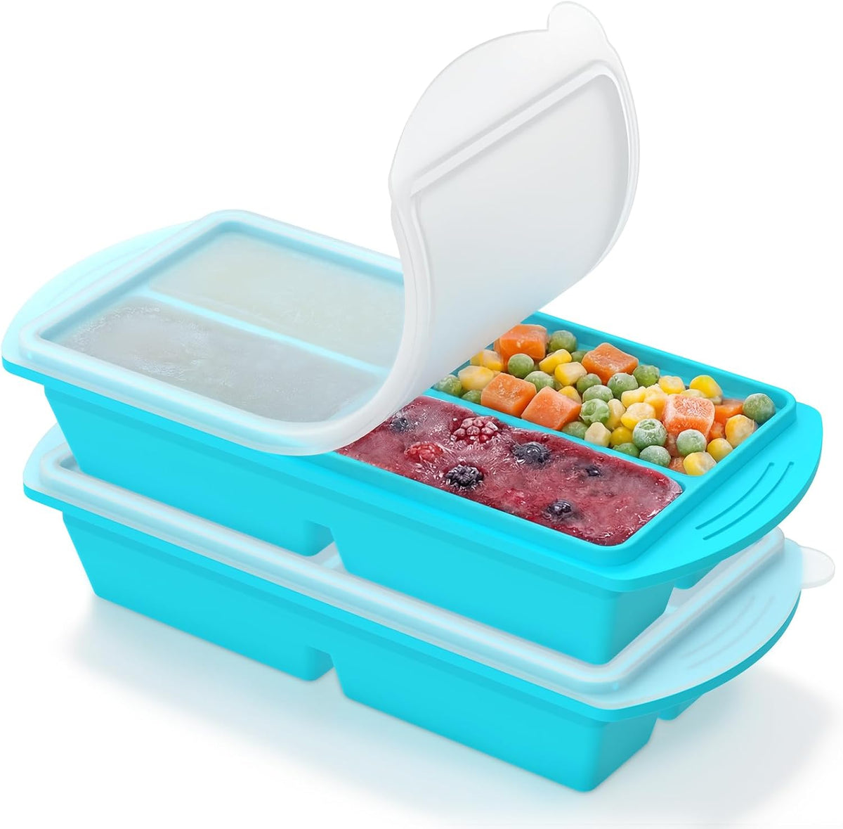 2 Pack Silicone Freezer Mold with Lid, 4 Compartment Airtight Silicone Food Freezer Tray for Meal Prep Puree Soup Sauce and Broth Dishwasher Safe(cool green)
