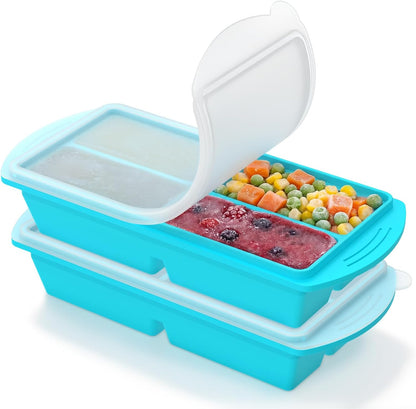 2 Pack Silicone Freezer Mold with Lid, 4 Compartment Airtight Silicone Food Freezer Tray for Meal Prep Puree Soup Sauce and Broth Dishwasher Safe(cool green)