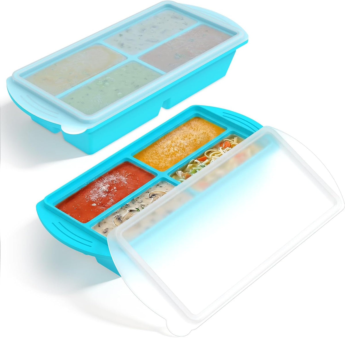 2 Pack Silicone Freezer Mold with Lid, 4 Compartment Airtight Silicone Food Freezer Tray for Meal Prep Puree Soup Sauce and Broth Dishwasher Safe(cool green)