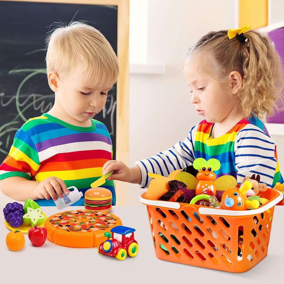 2 Pack Pretend Play Shopping Baskets - Kids Grocery Toy Basket with Handles for Imaginative Play, Toy Kitchen & Supermarket Role