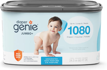 The Jumbo+ Square Refill, with continuous film, can hold up to 1080 newborn-sized diapers per refill.