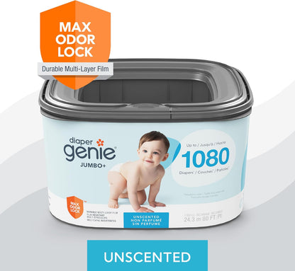 The Jumbo+ Square Refill, with continuous film, can hold up to 1080 newborn-sized diapers per refill.