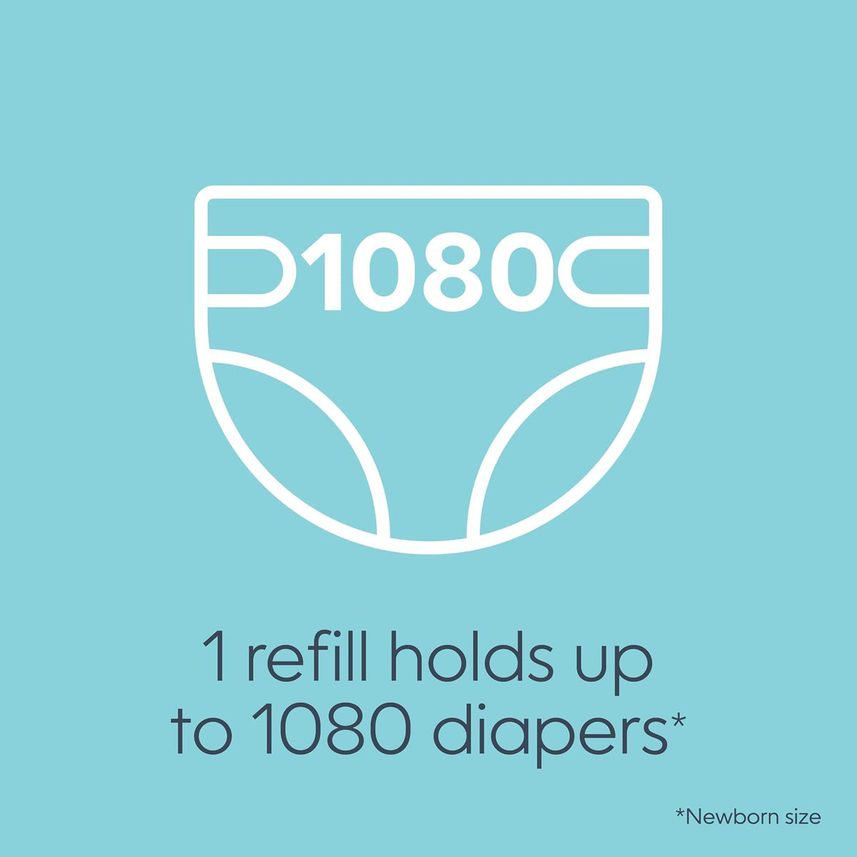 The Jumbo+ Square Refill, with continuous film, can hold up to 1080 newborn-sized diapers per refill.