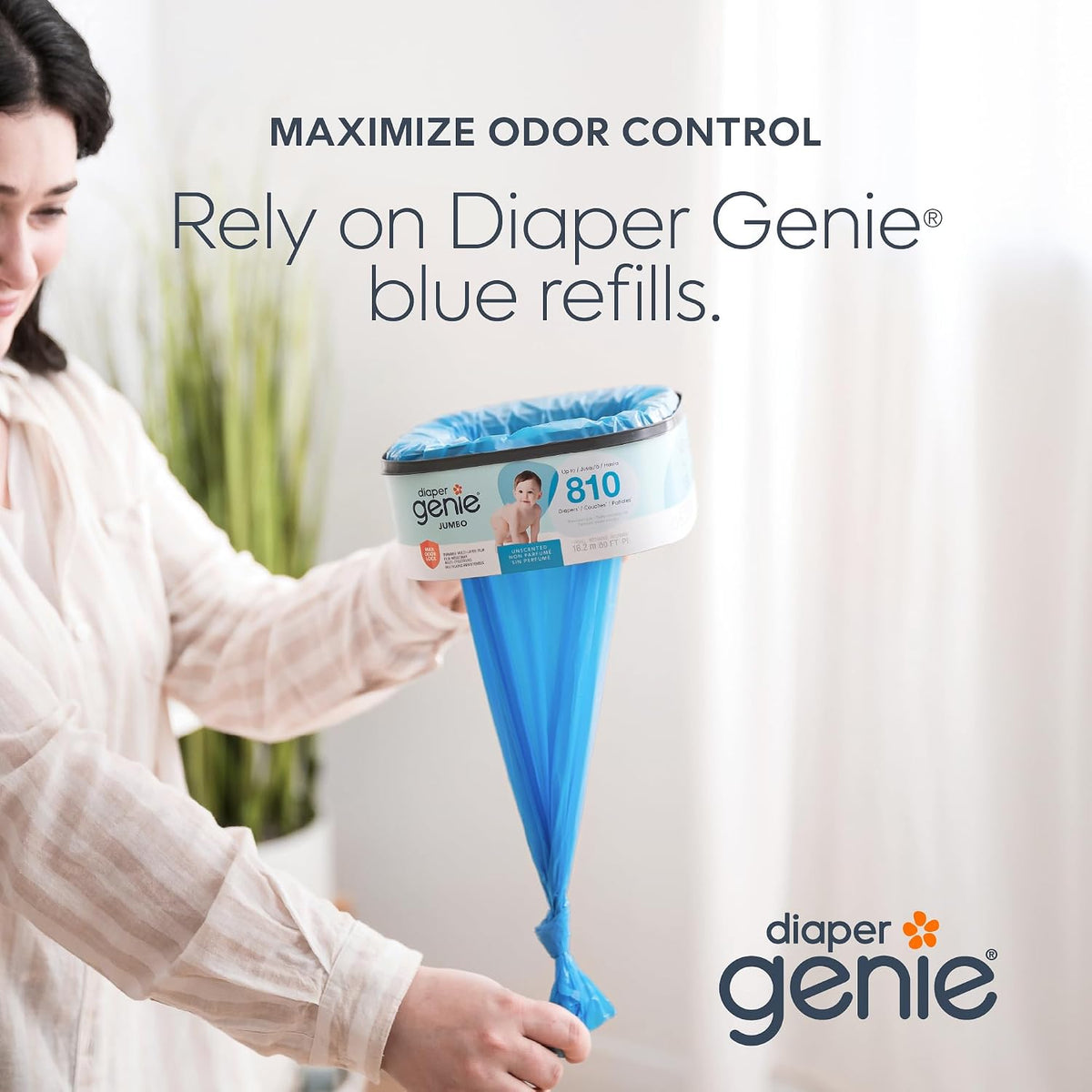 The Jumbo+ Square Refill, with continuous film, can hold up to 1080 newborn-sized diapers per refill.