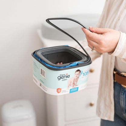 The Jumbo+ Square Refill, with continuous film, can hold up to 1080 newborn-sized diapers per refill.