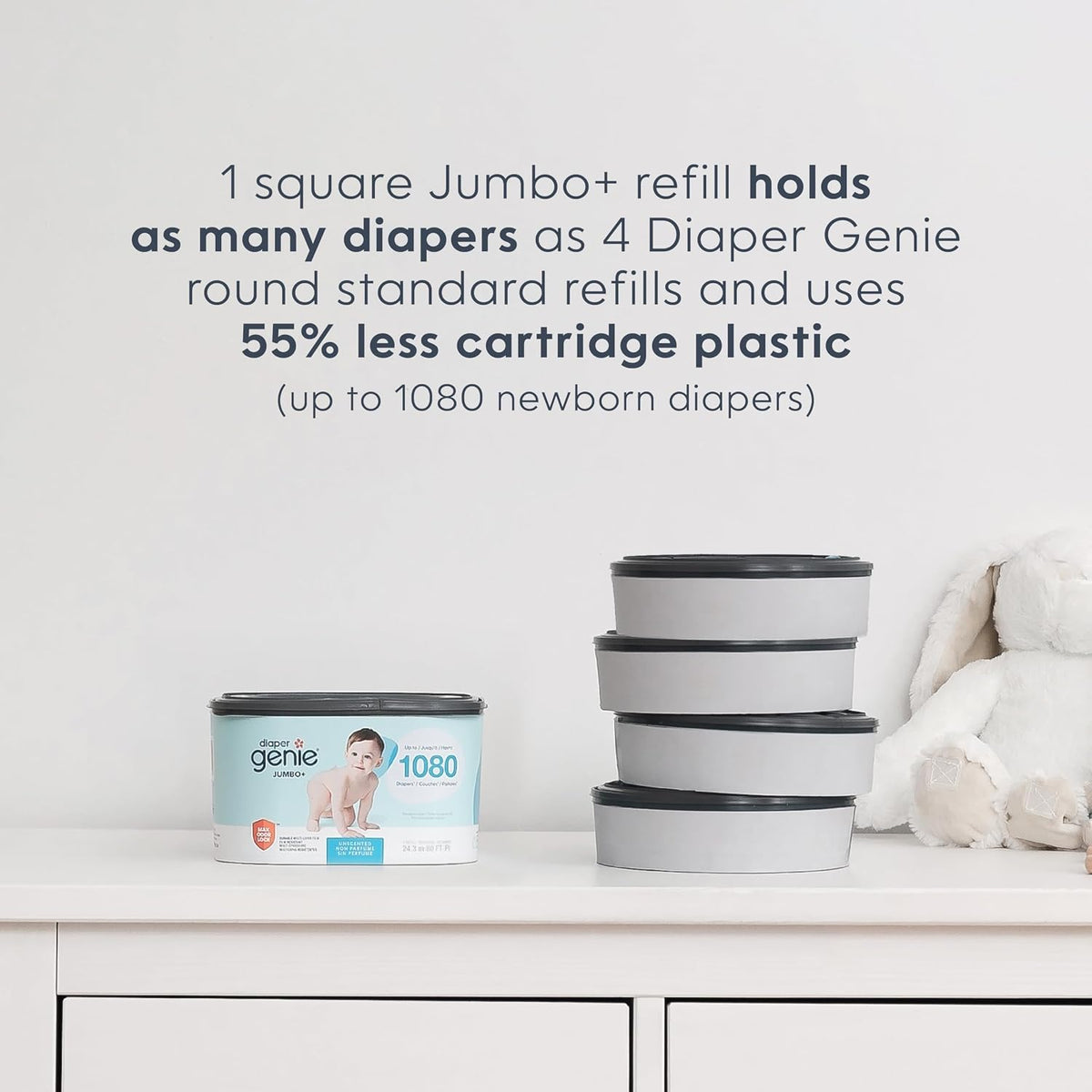 The Jumbo+ Square Refill, with continuous film, can hold up to 1080 newborn-sized diapers per refill.