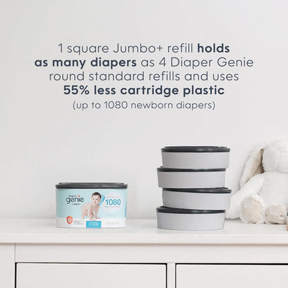The Jumbo+ Square Refill, with continuous film, can hold up to 1080 newborn-sized diapers per refill.