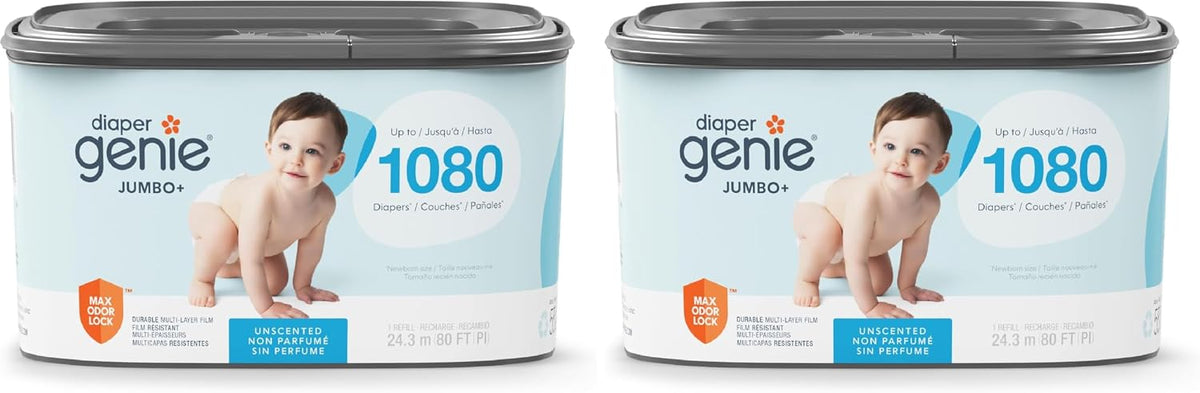 The Jumbo+ Square Refill, with continuous film, can hold up to 1080 newborn-sized diapers per refill.