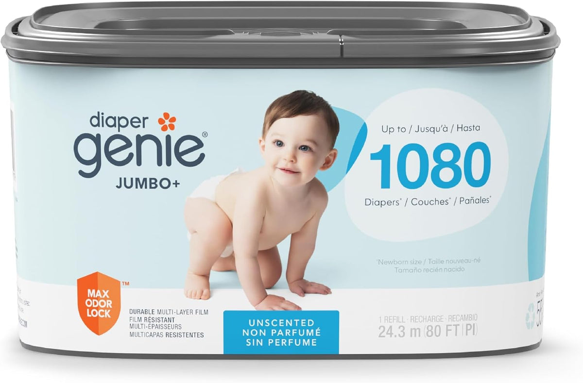 The Jumbo+ Square Refill, with continuous film, can hold up to 1080 newborn-sized diapers per refill.