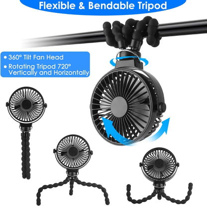 Portable Stroller Fan, Rechargeable Clip On Fan with Flexible Tripod, 3 Speeds, Detachable Grille, USB Charged Handheld Cooling Fan for Travel, Car Seat, Bedroom, Crib, Treadmill