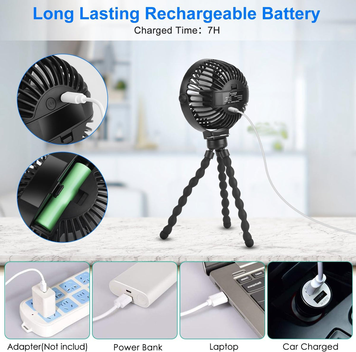 Portable Stroller Fan, Rechargeable Clip On Fan with Flexible Tripod, 3 Speeds, Detachable Grille, USB Charged Handheld Cooling Fan for Travel, Car Seat, Bedroom, Crib, Treadmill
