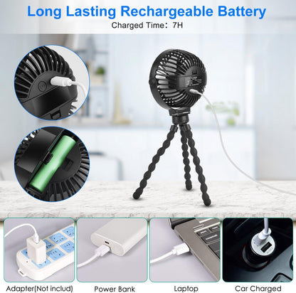 Portable Stroller Fan, Rechargeable Clip On Fan with Flexible Tripod, 3 Speeds, Detachable Grille, USB Charged Handheld Cooling Fan for Travel, Car Seat, Bedroom, Crib, Treadmill