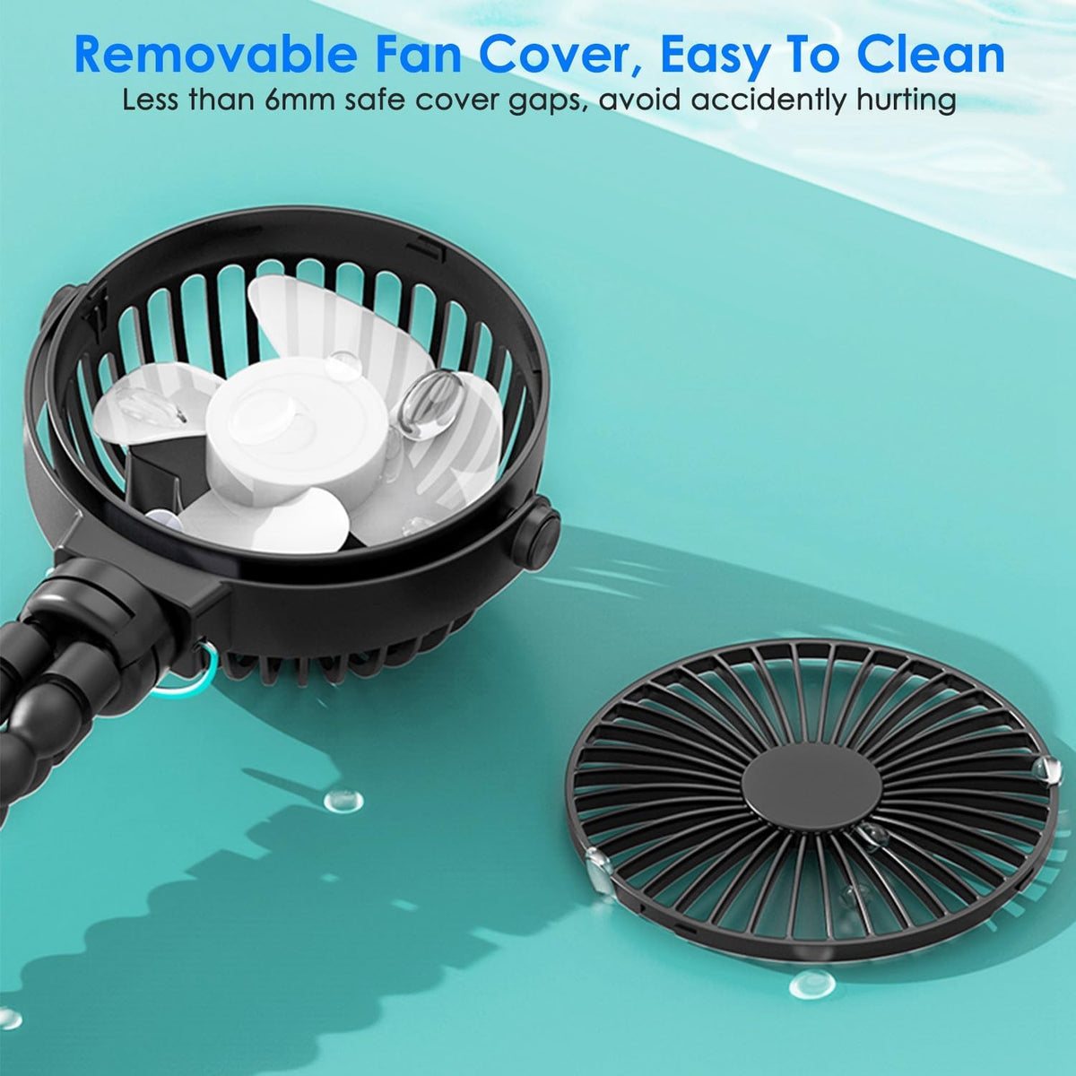 Portable Stroller Fan, Rechargeable Clip On Fan with Flexible Tripod, 3 Speeds, Detachable Grille, USB Charged Handheld Cooling Fan for Travel, Car Seat, Bedroom, Crib, Treadmill