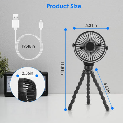 Portable Stroller Fan, Rechargeable Clip On Fan with Flexible Tripod, 3 Speeds, Detachable Grille, USB Charged Handheld Cooling Fan for Travel, Car Seat, Bedroom, Crib, Treadmill
