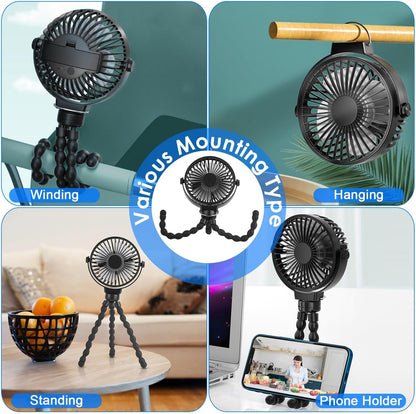 Portable Stroller Fan, Rechargeable Clip On Fan with Flexible Tripod, 3 Speeds, Detachable Grille, USB Charged Handheld Cooling Fan for Travel, Car Seat, Bedroom, Crib, Treadmill