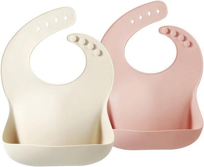 2 Pack Silicone Baby Bibs for Girls, Waterproof Silicone Bibs with Food Catcher, Thick Adjustable Toddler Bibs Baby Food Bibs for Eating, Soft, Non Messy (Pink Tawny)