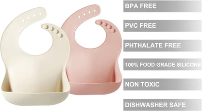 2 Pack Silicone Baby Bibs for Girls, Waterproof Silicone Bibs with Food Catcher, Thick Adjustable Toddler Bibs Baby Food Bibs for Eating, Soft, Non Messy (Pink Tawny)