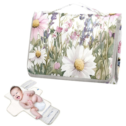 Wildflowers Border Portable Diaper Changing Pad, Waterproof Baby Changing Mat with Storage Pocket & Built-in Pillow, Foldable Travel Pad, Newborn Gift Set for Boy Girl