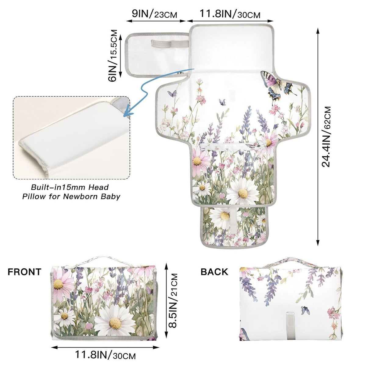 Wildflowers Border Portable Diaper Changing Pad, Waterproof Baby Changing Mat with Storage Pocket & Built-in Pillow, Foldable Travel Pad, Newborn Gift Set for Boy Girl