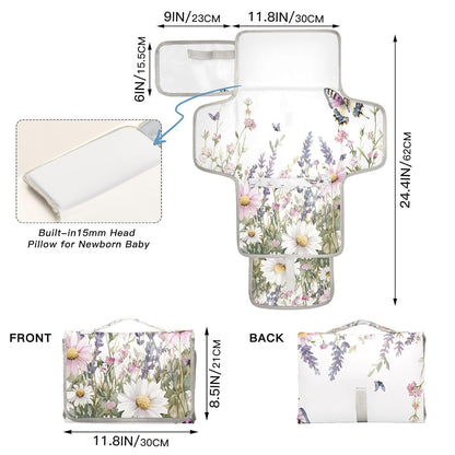 Wildflowers Border Portable Diaper Changing Pad, Waterproof Baby Changing Mat with Storage Pocket & Built-in Pillow, Foldable Travel Pad, Newborn Gift Set for Boy Girl