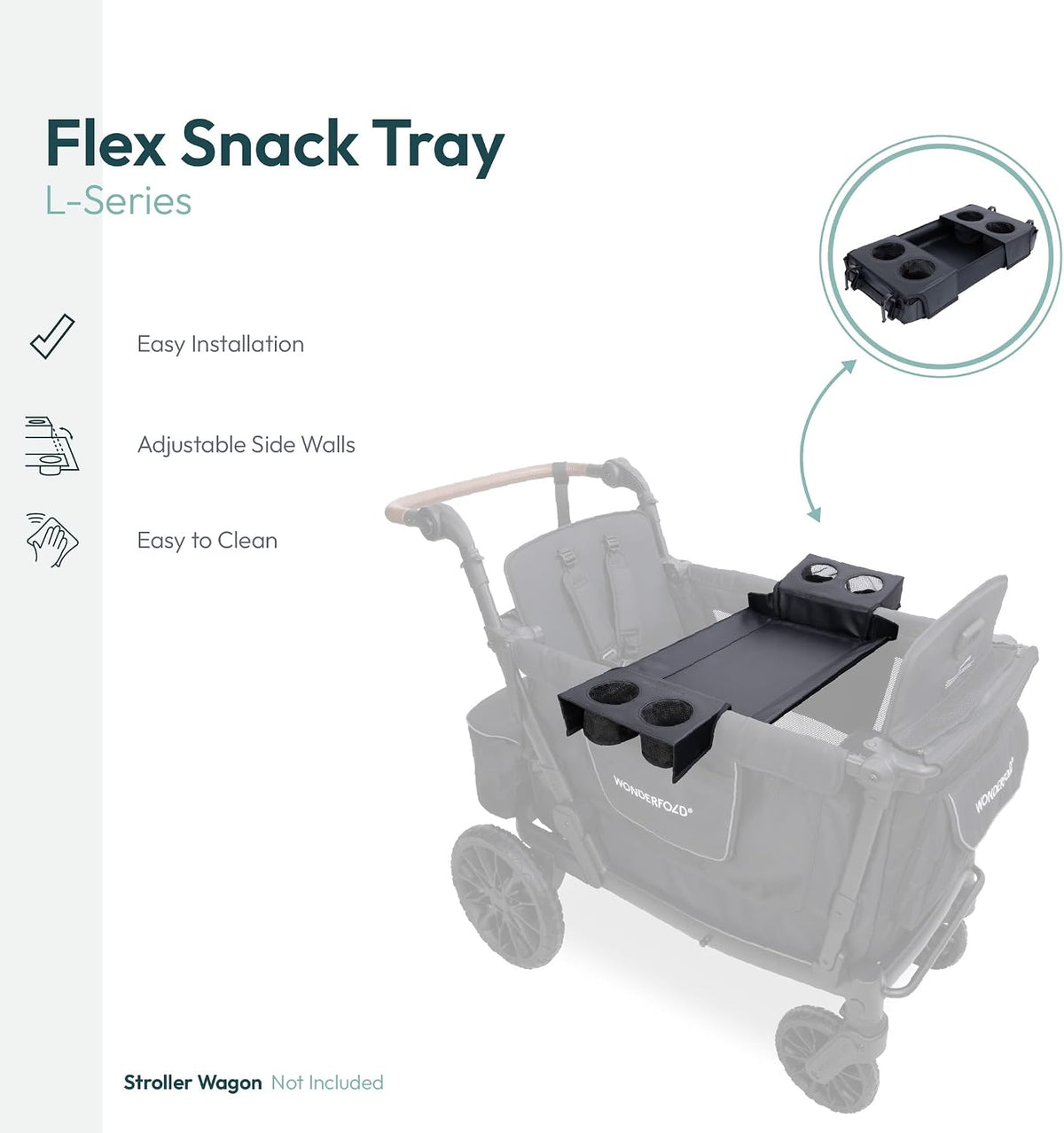 Flex Snack Tray for W4 Stroller Wagon with Convertible Cup Holders & Adjustable Sidewalls to Maximize Space, Easy to Install, Easy to Clean