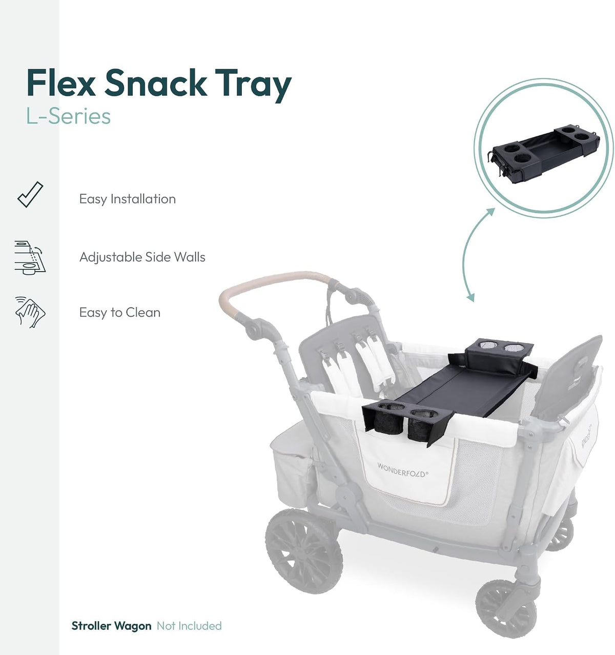 Flex Snack Tray for W4 Stroller Wagon with Convertible Cup Holders & Adjustable Sidewalls to Maximize Space, Easy to Install, Easy to Clean