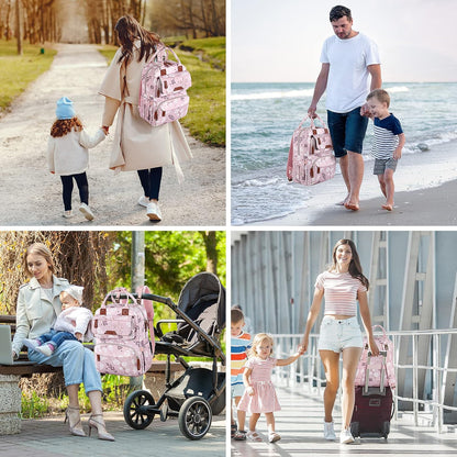 Diaper Bag Backpack, Baby Girl Diaper Bag for Mom, Large Pink Floral Diaper Bag Backpack for Girls, Waterproof Mom Backpack for Work Travel Holiday with Insulated Pockets and Stroller Straps