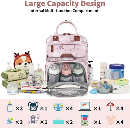 Diaper Bag Backpack, Baby Girl Diaper Bag for Mom, Large Pink Floral Diaper Bag Backpack for Girls, Waterproof Mom Backpack for Work Travel Holiday with Insulated Pockets and Stroller Straps