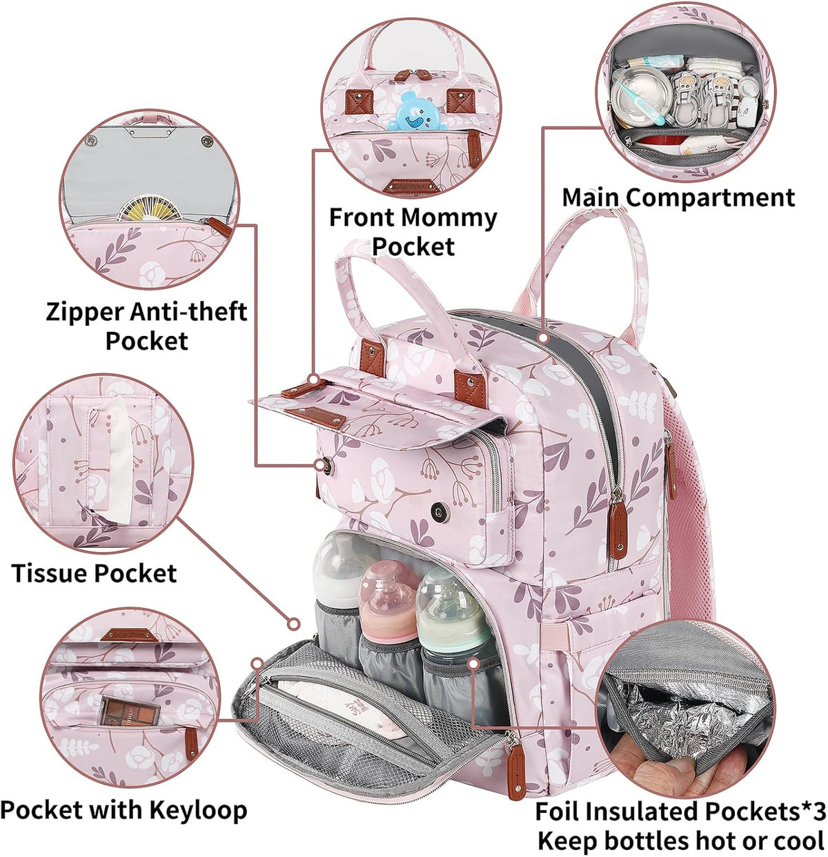Diaper Bag Backpack, Baby Girl Diaper Bag for Mom, Large Pink Floral Diaper Bag Backpack for Girls, Waterproof Mom Backpack for Work Travel Holiday with Insulated Pockets and Stroller Straps