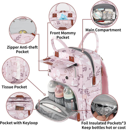Diaper Bag Backpack, Baby Girl Diaper Bag for Mom, Large Pink Floral Diaper Bag Backpack for Girls, Waterproof Mom Backpack for Work Travel Holiday with Insulated Pockets and Stroller Straps